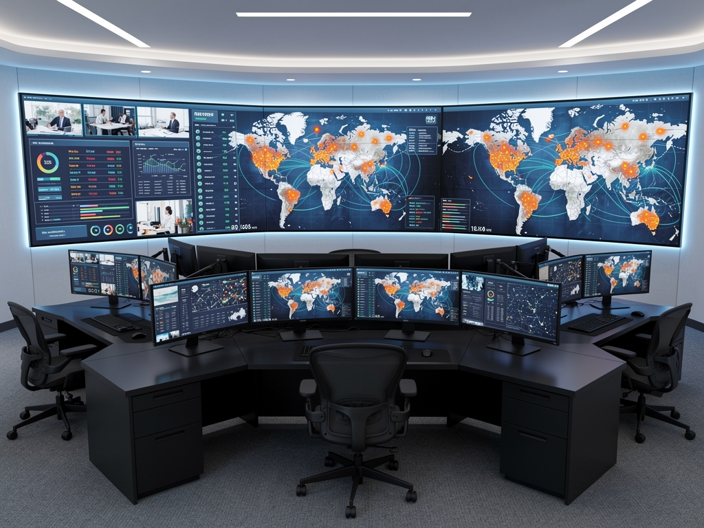 A global operations center with multiple workstations showing cloud-based video wall management dashboards, with world maps indicating connected installations across different geographic regions