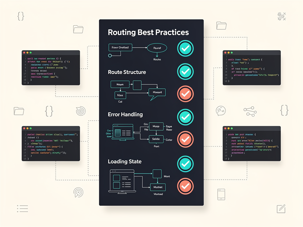 Best practices checklist infographic for SaaS routing implementation, showing organized route structure, error handling patterns, loading state examples, and testing strategies with checkmark icons and code snippet previews