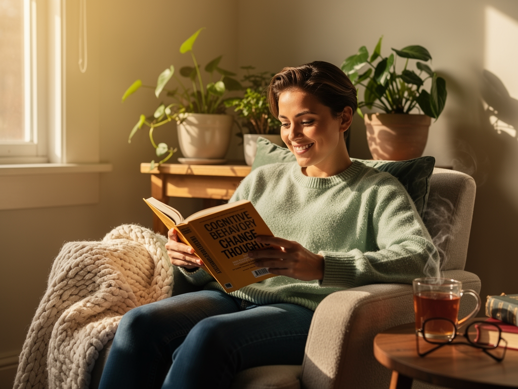 A person smiling gently while reading a self-help book in a comfortable home setting with plants and natural light, representing engagement with CBT resources and the empowerment of self-directed learning