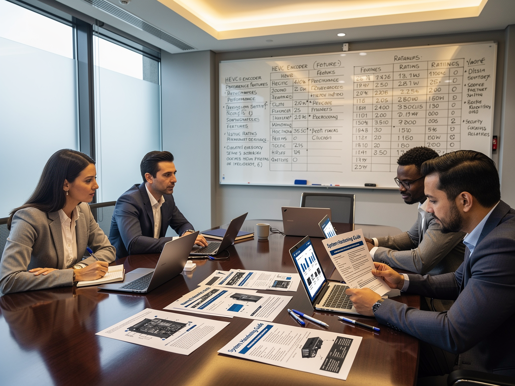 A procurement team reviewing product specifications and security documentation in a conference room, comparison charts on a whiteboard, laptops displaying vendor websites, collaborative professional discussion