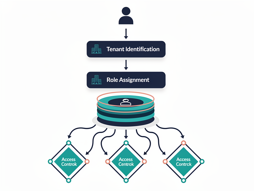 Flowchart diagram illustrating multi-tenant authentication flow from user login through tenant identification, role assignment, and permission checking, with decision nodes for access control and session management in a modern web application
