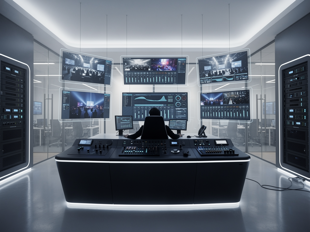 A futuristic event production environment with holographic displays and advanced AVoIP equipment, showing next-generation technology concepts in a sleek, minimalist control room setting