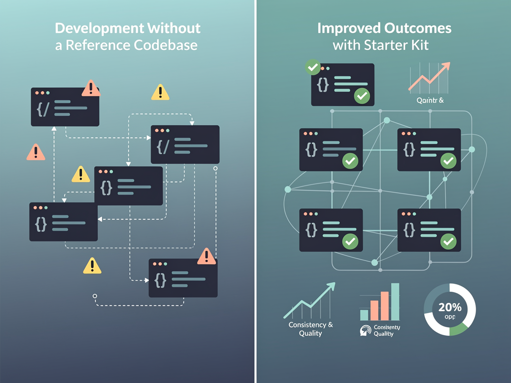 Infographic comparing AI code generation quality with and without a reference codebase, showing pattern consistency, error handling, and technical debt accumulation metrics in clean data visualization style with icons representing code quality indicators