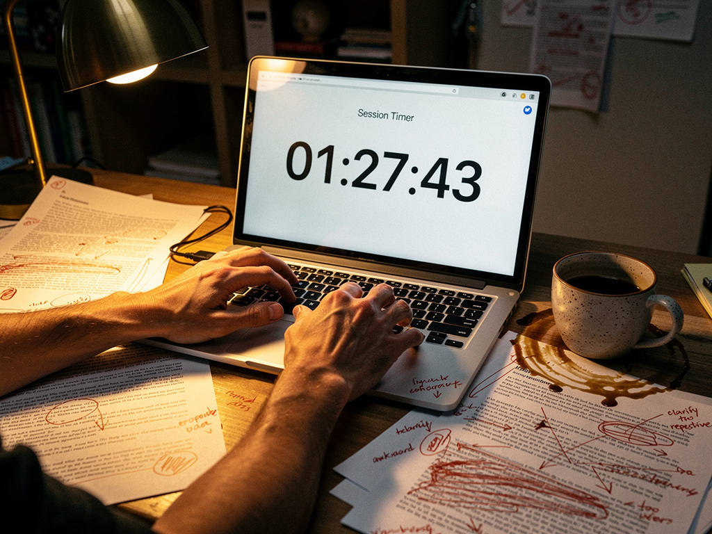 Close-up of a person's hands typing on a laptop keyboard with a timer application visible on screen, papers with editing marks scattered nearby, coffee cup half-empty suggesting long working hours, warm desk lamp lighting creating focused atmosphere