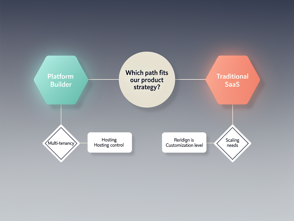 Decision flowchart starting with 'What type of SaaS are you building?' branching into 'Platform where users create apps' leading to NextBuilder, and 'Traditional subscription software' leading to MakerKit, with additional decision points for multi-tenancy requirements, self-hosting needs, and budget considerations