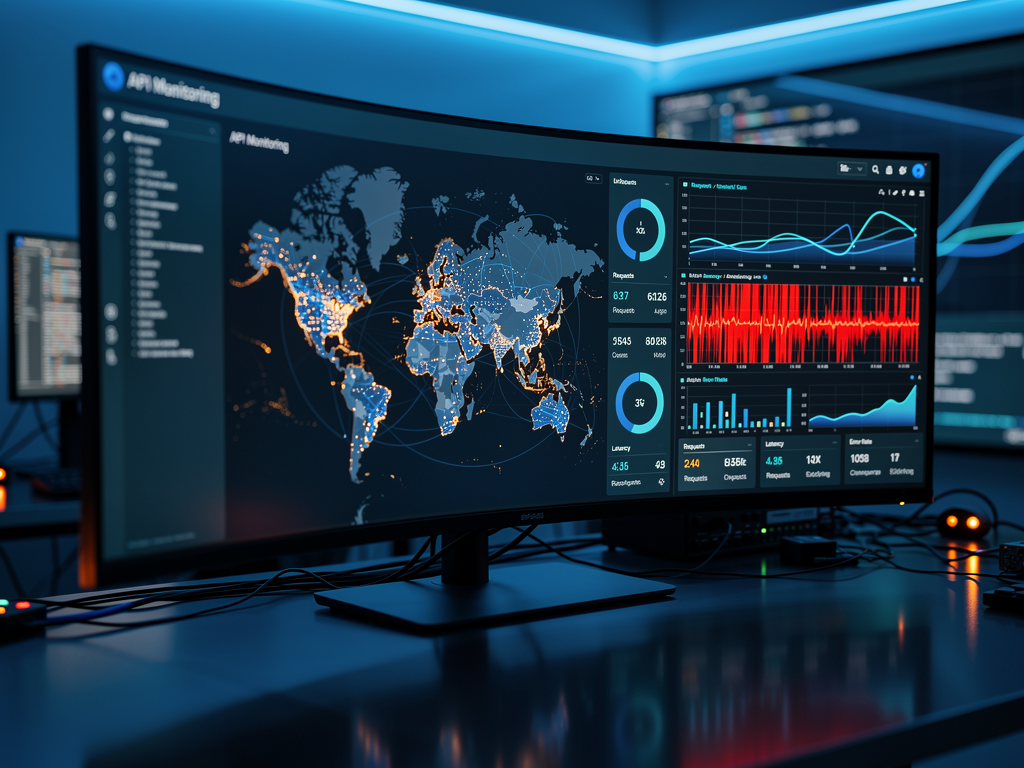 Security monitoring dashboard showing suspicious API activity patterns with anomaly detection alerts, geographic distribution of requests on a world map, and timeline visualization of potential abuse attempts highlighted in red