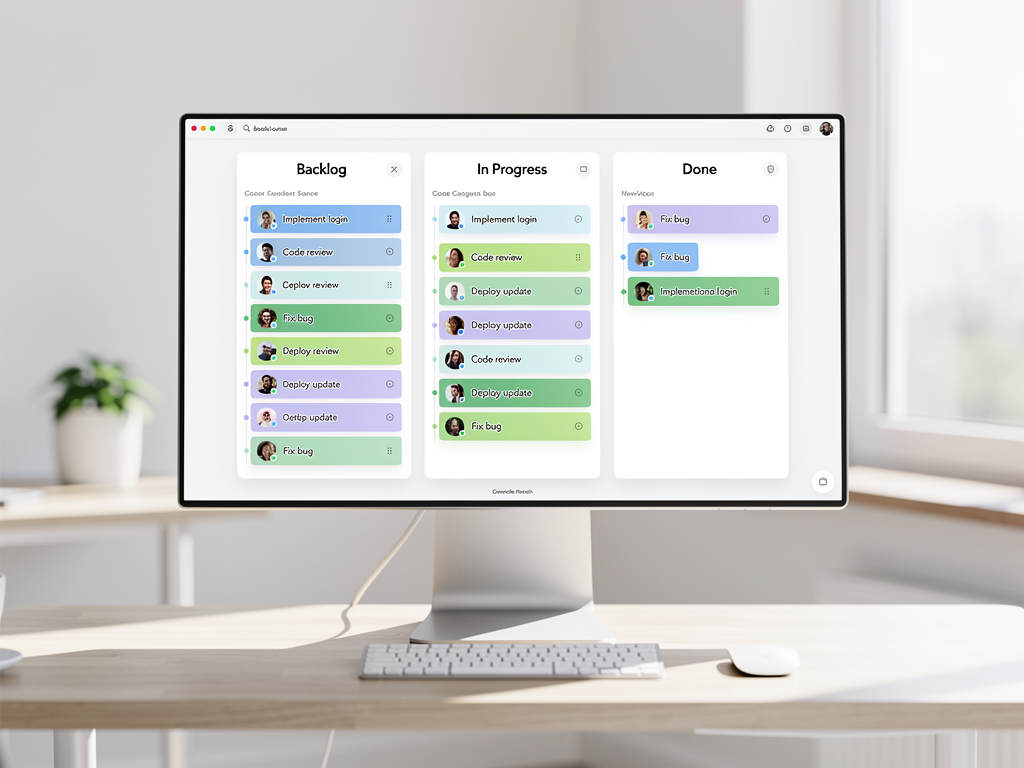 Project management board showing implementation tasks organized in columns for backlog, in progress, and completed, with task cards containing development milestones for SaaS platform launch, clean Kanban-style interface