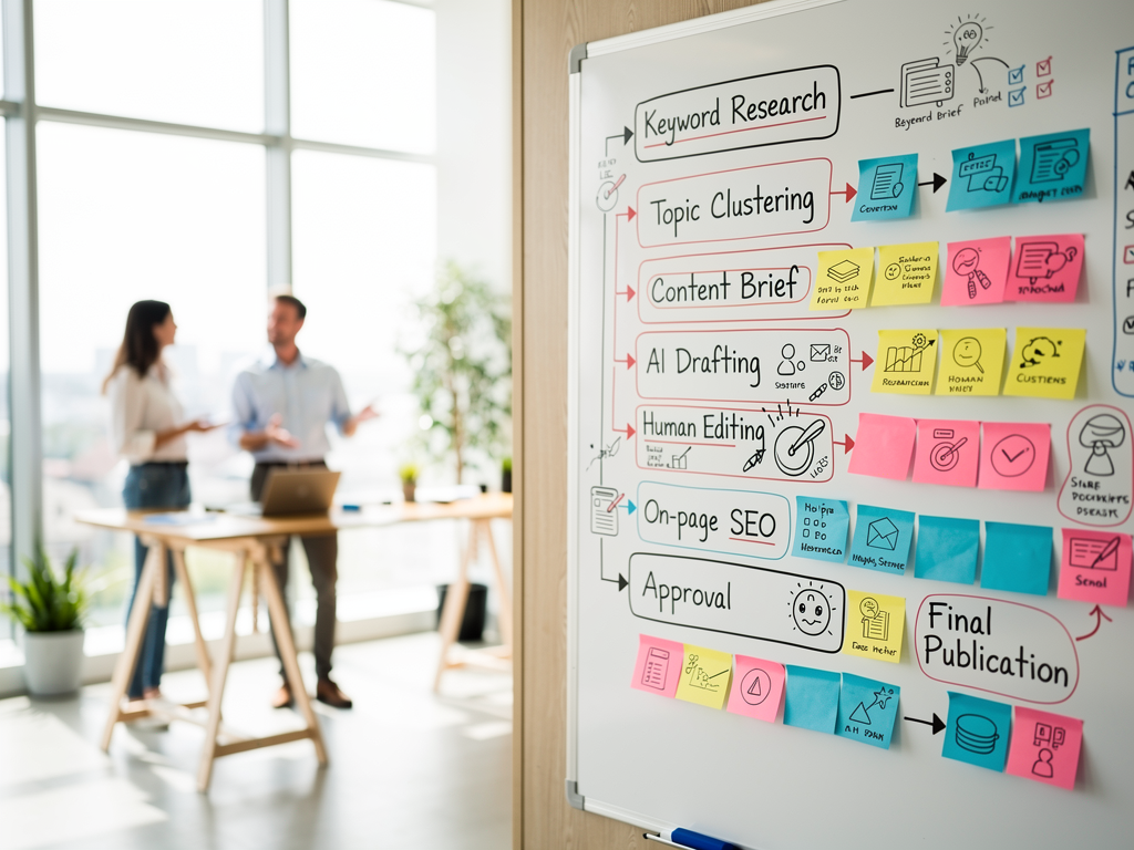 A flowchart diagram on a whiteboard showing content production workflow stages from research to publication, colorful sticky notes and connecting arrows, team members visible in background discussing strategy, bright collaborative workspace environment
