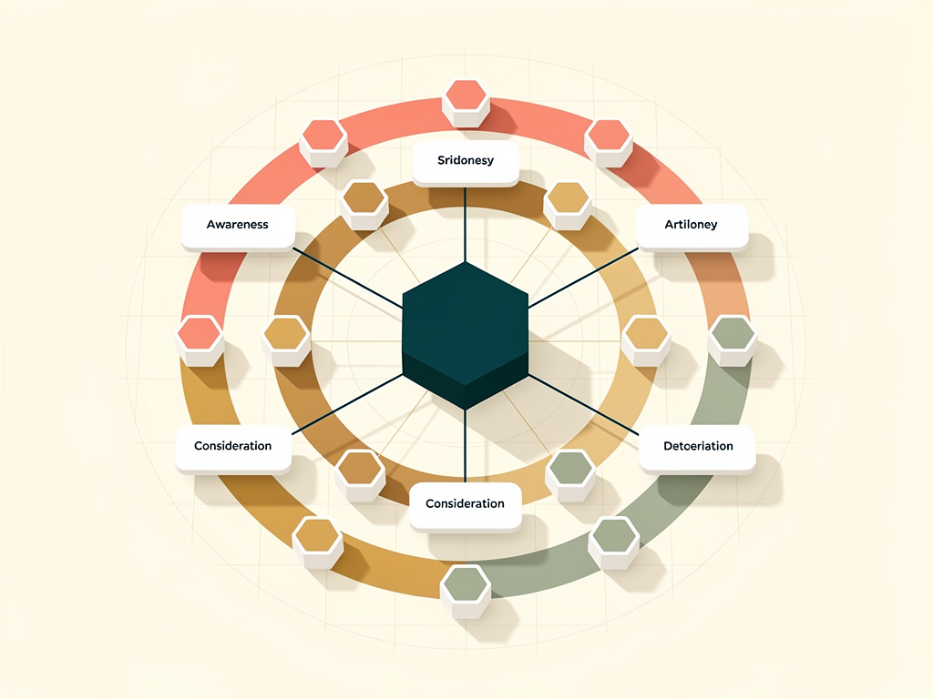 Strategic content planning diagram showing topic clusters with pillar pages at center connected to supporting articles, with color-coded customer journey stages and internal linking patterns illustrated