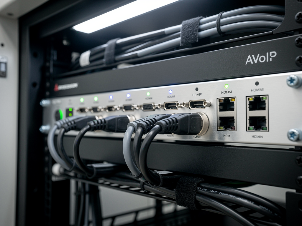 Close-up view of a professional AVoIP encoder unit with multiple input connectors visible, LED status indicators glowing blue and green, rack-mounted in a clean equipment closet with organized cable management