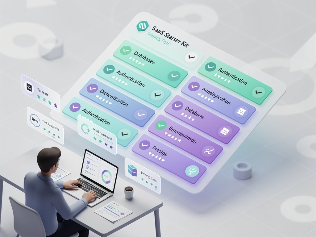Comparison table showing different SaaS starter kit options with columns for features, authentication methods, database support, pricing, and community activity, styled as a modern product comparison interface with feature checkmarks and rating indicators