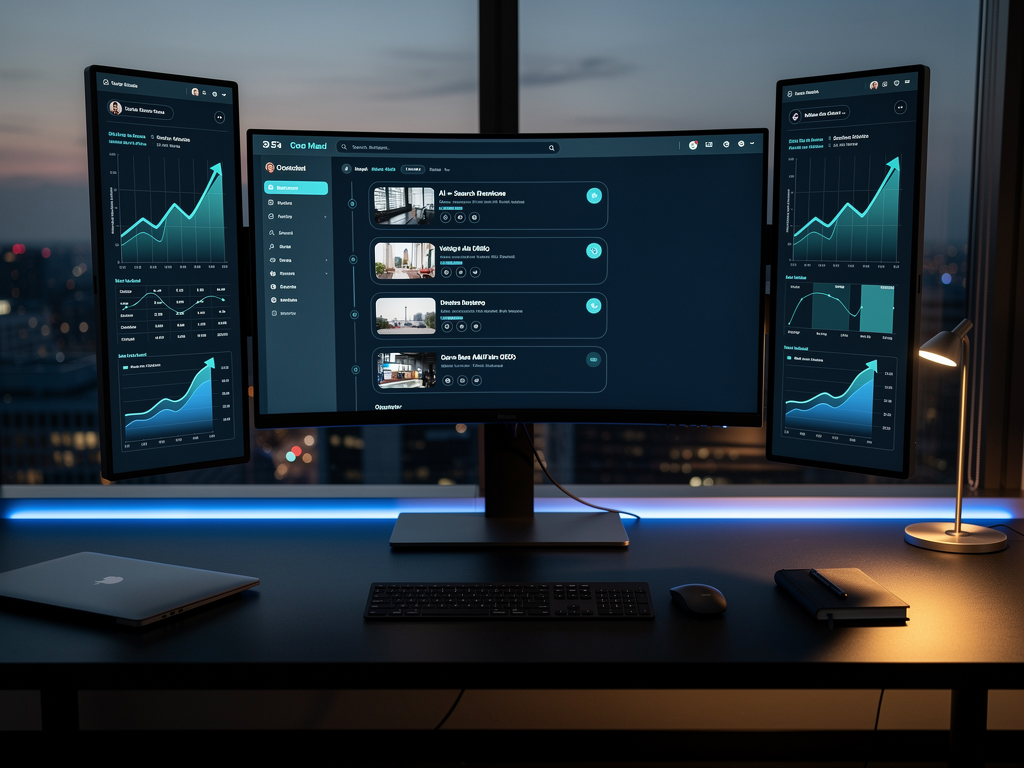 A modern digital marketing workspace showing multiple screens displaying AI search interfaces including Google AI Overviews, ChatGPT, and Perplexity, with analytics dashboards showing content performance metrics. The scene is bathed in soft blue ambient lighting with a professional, tech-forward atmosphere. Charts and graphs visible on screens show upward trending lines representing improved rankings and visibility.