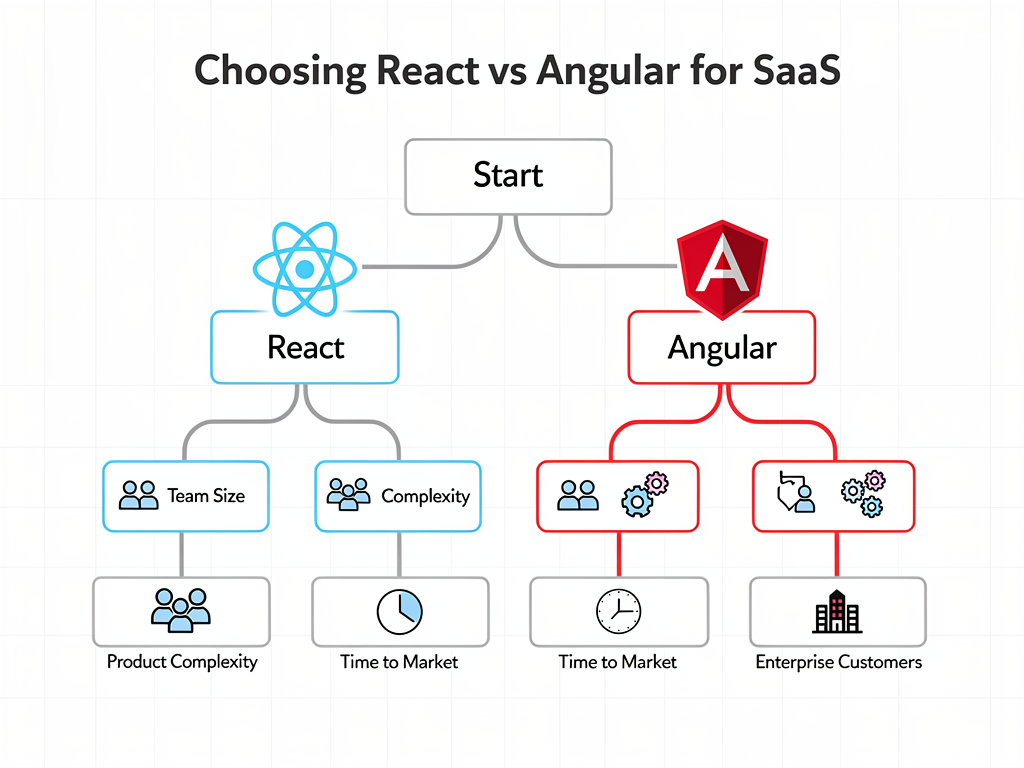 Decision tree flowchart helping readers choose between React and Angular based on factors like team size, product complexity, time-to-market requirements, and target customer segment, with clean icons and clear visual hierarchy