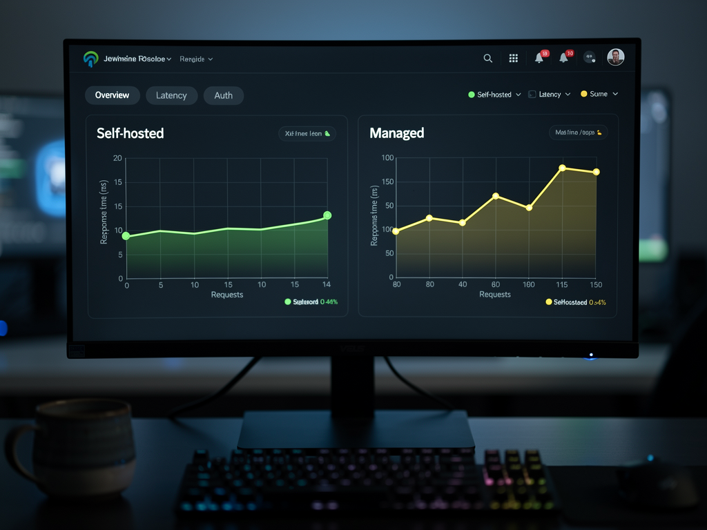 Performance monitoring dashboard showing authentication latency metrics, with graphs displaying response times for self-hosted authentication averaging 5-15ms and managed service authentication averaging 80-150ms, displayed on a dark-themed monitoring interface with green and yellow status indicators