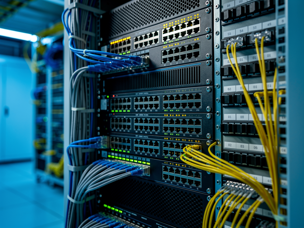 A network equipment rack in a server room showing managed switches with fiber connections, cable management, and status LEDs illuminated, captured in cool blue data center lighting with sharp focus on the switching equipment