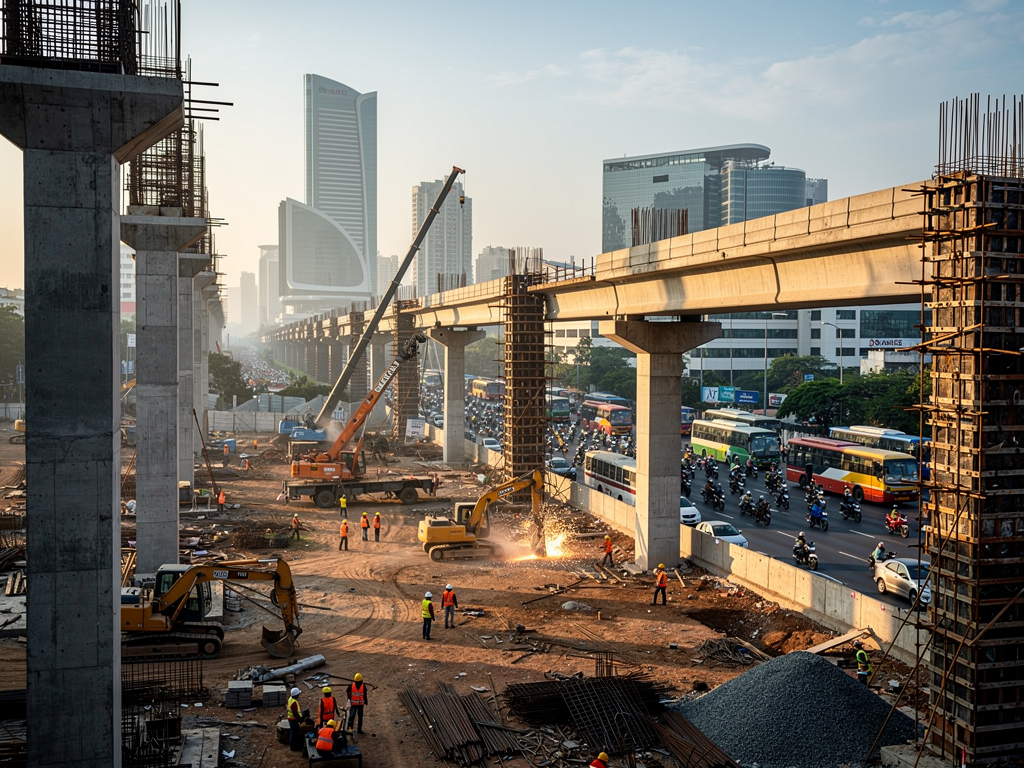 Construction site showing metro rail pillars and tracks being built alongside a highway, workers and construction equipment visible, with the Bangalore skyline in the distance