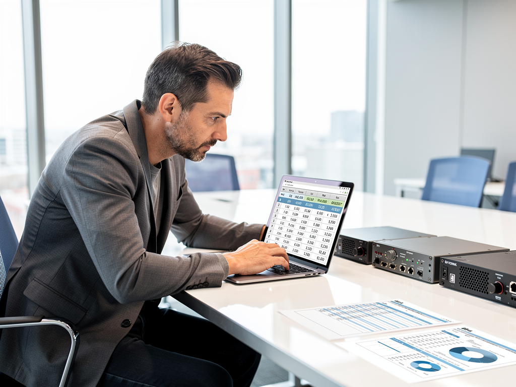 Business professional reviewing AVoIP system specifications on laptop while examining decoder hardware on conference table, with cost comparison spreadsheet visible on screen, captured in bright office setting suggesting careful evaluation process