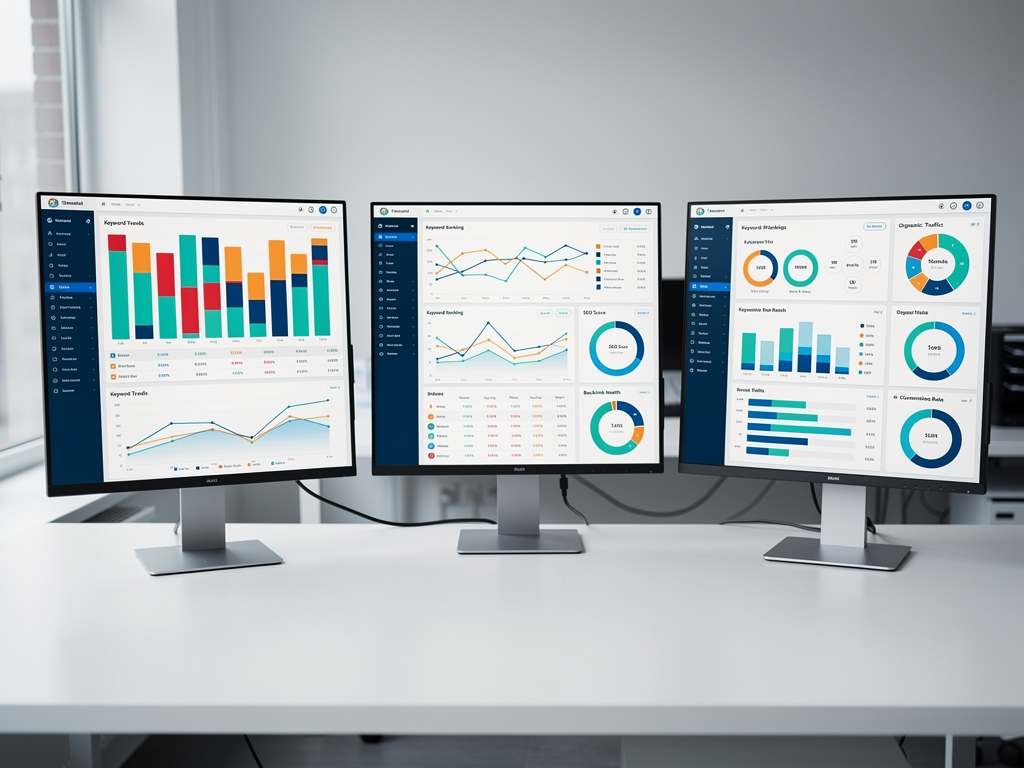 Dashboard comparison showing three different free AI SEO tool interfaces side by side, displaying keyword research results, content optimization scores, and backlink analysis metrics in a clean modern design with blue and white color scheme