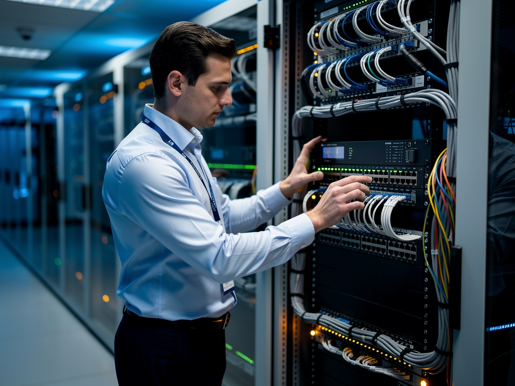 A network technician configuring a managed switch in a server room, with cable management systems visible and status LEDs indicating active connections, cool blue lighting from equipment creating a technical atmosphere