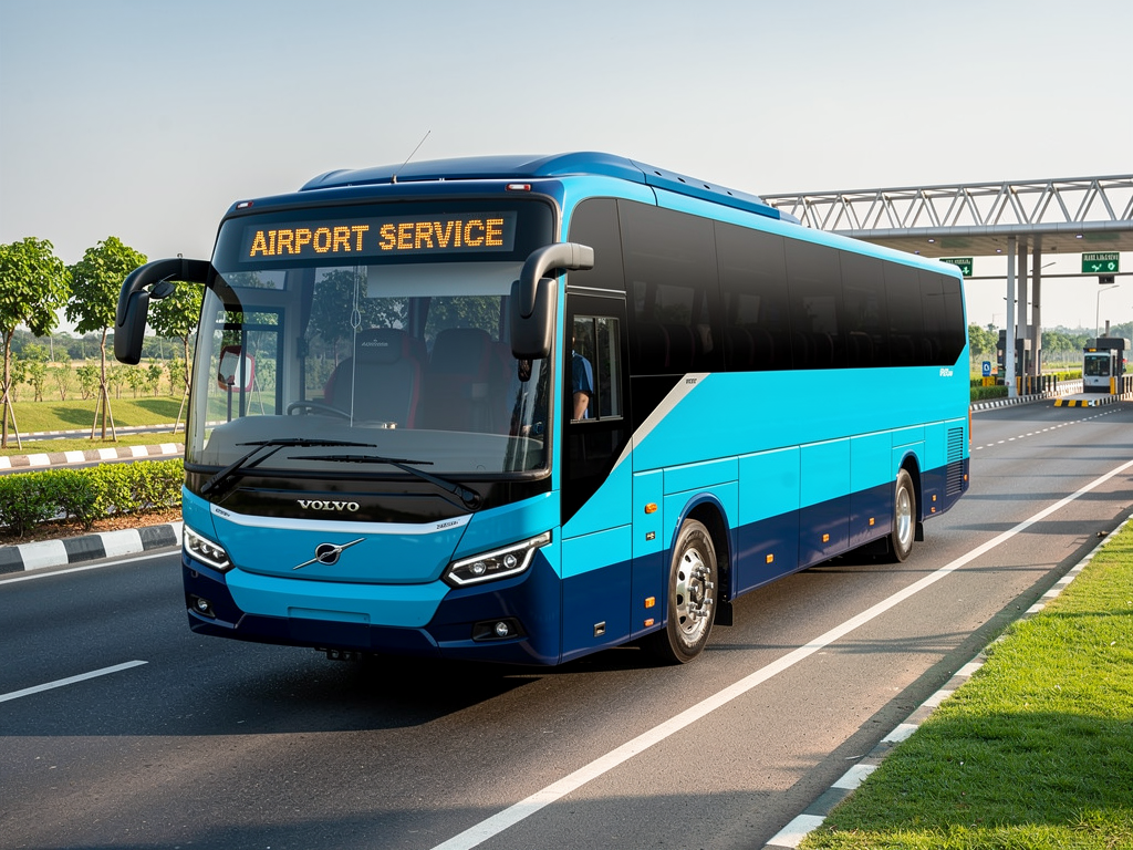 A modern BMTC Vayu Vajra Volvo airport coach in bright cyan blue livery traveling on a wide multi lane expressway, with clear road markings, green landscaping on the median, and modern toll plaza infrastructure visible in the distance under clear afternoon skies