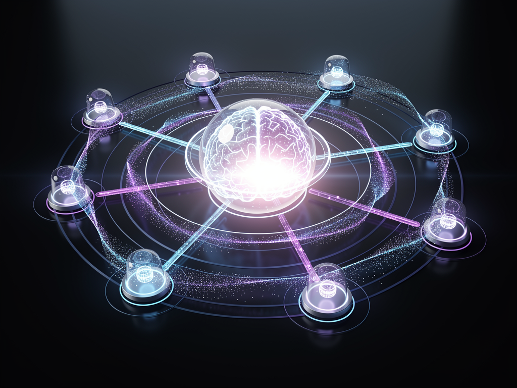 Futuristic visualization of AI search ecosystem showing interconnected nodes representing ChatGPT, Perplexity, Google AI, and traditional search engines with data flows between them in a dark background with glowing blue and purple elements