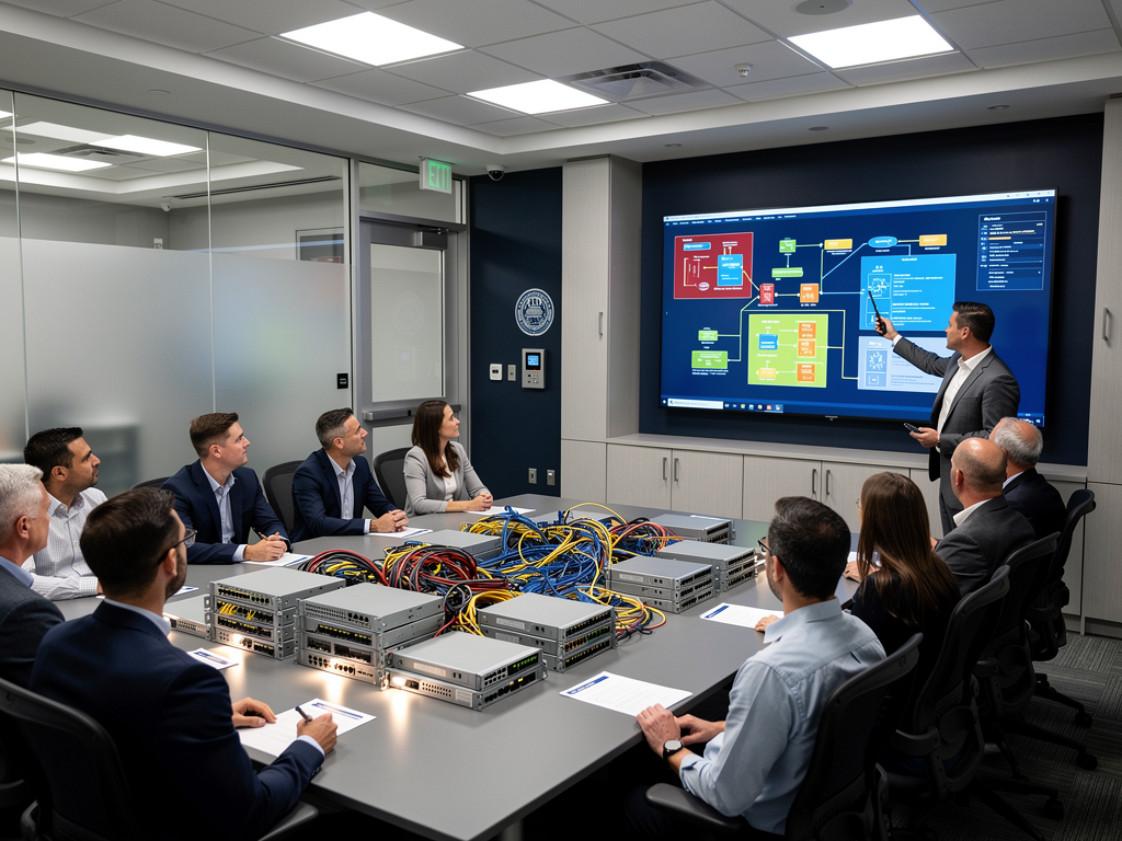 A training session in a government facility conference room with AV professionals gathered around a demonstration setup, presentation screen showing network security diagrams, professional overhead lighting creating an educational atmosphere