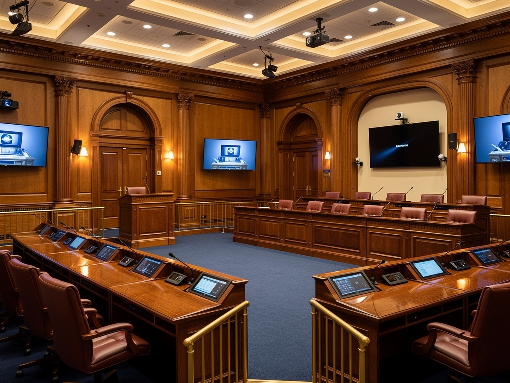 A modern government council chamber with integrated AVoIP displays and conferencing systems, elegant wood paneling contrasting with contemporary technology, warm professional lighting highlighting both traditional architecture and modern AV equipment