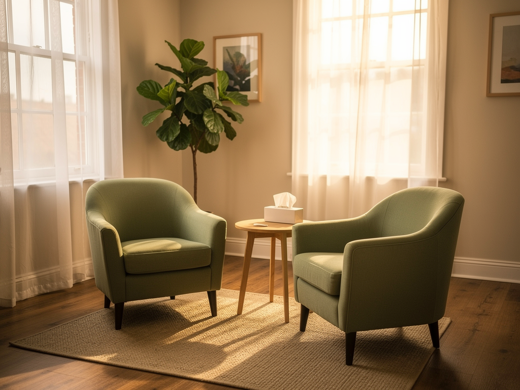 A warm, naturally lit therapy room in a British clinical setting featuring two comfortable armchairs positioned at a conversational angle, soft neutral tones on the walls, a small side table with tissues, and large windows allowing natural daylight to filter through sheer curtains, creating an atmosphere of safety and professional care