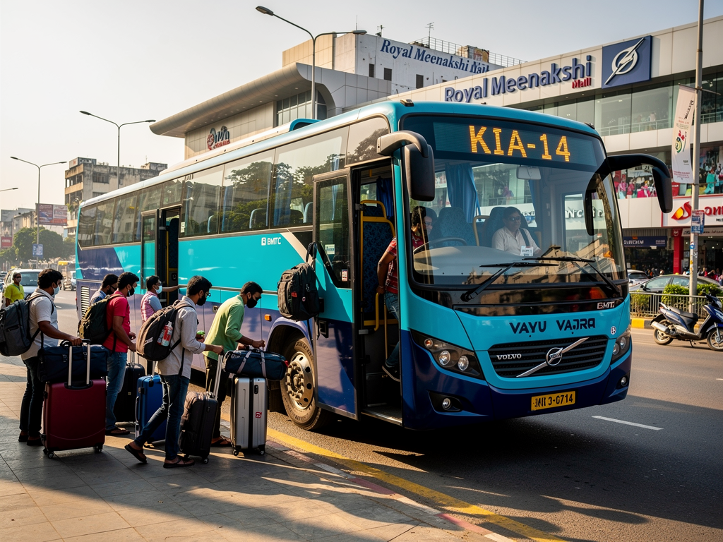 A modern BMTC Vayu Vajra Volvo bus with cyan-blue body and dark blue lower panels parked at Royal Meenakshi Mall bus stop, showing passengers boarding with luggage, morning sunlight illuminating the bus's large tinted windows and LED destination display showing KIA-14