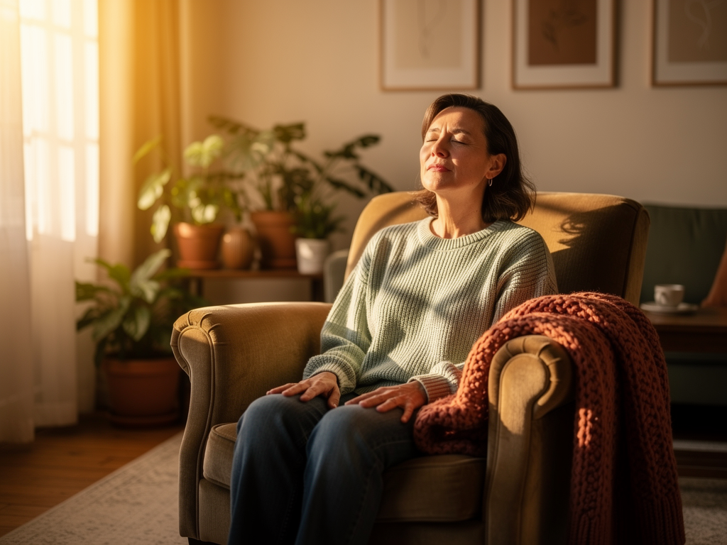 A peaceful evening scene with a person relaxing in a comfortable chair, practising deep breathing with eyes closed, soft ambient lighting creating a sense of calm and safety in their home environment