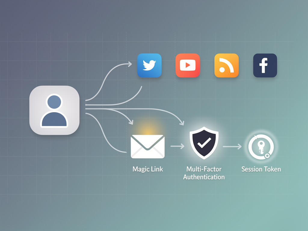 Clean infographic diagram showing the complete authentication flow in a modern SaaS application, including social login providers, magic link email verification, multi-factor authentication steps, and session management, rendered with icons and connecting arrows in a professional data visualization style