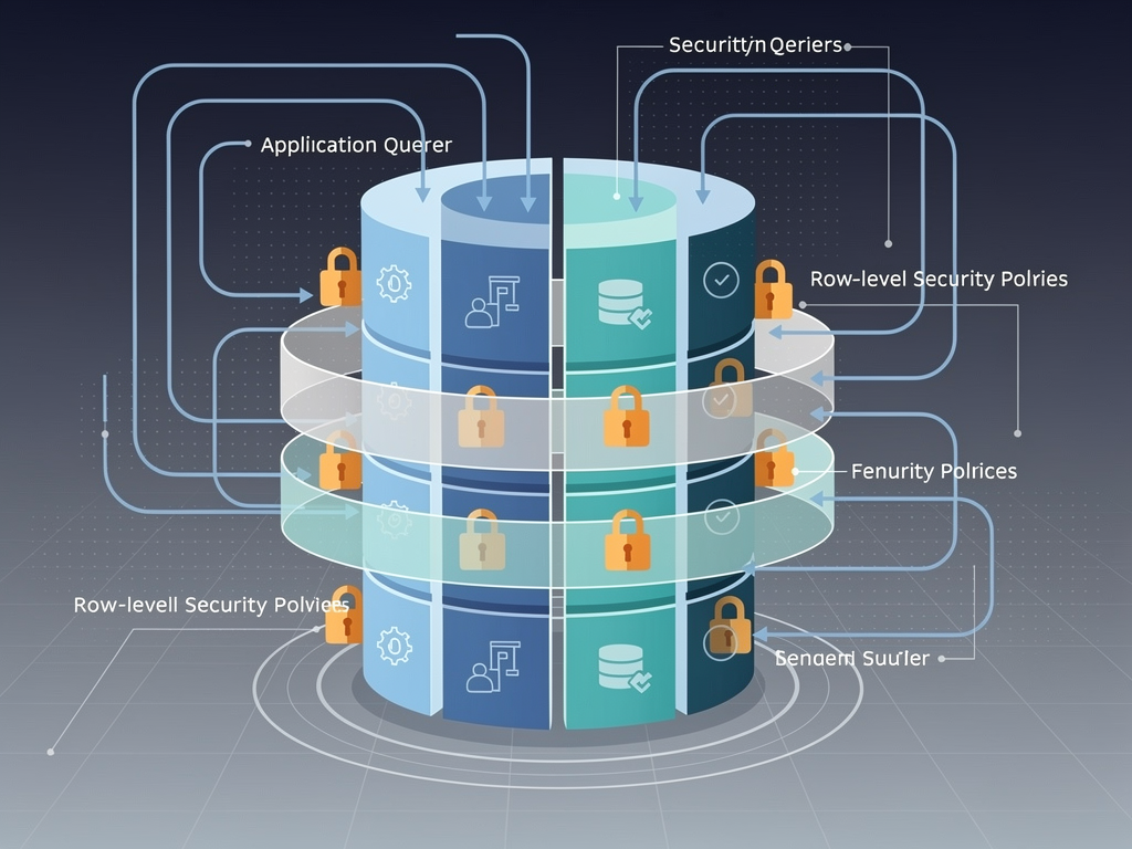 Database schema diagram showing a multi-tenant architecture with shared tables containing tenant_id columns, row-level security policies, and query flow arrows demonstrating how both Prisma middleware and Drizzle explicit filters ensure tenant data isolation