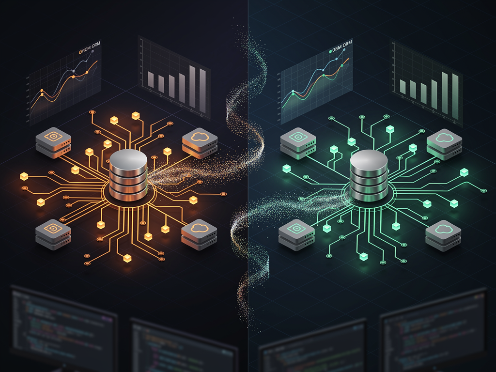 Side-by-side comparison dashboard showing Prisma and Drizzle ORM logos with performance metrics displayed on a modern dark-themed developer interface, featuring bundle size comparisons, query latency graphs, and cold start time indicators in a clean data visualization style