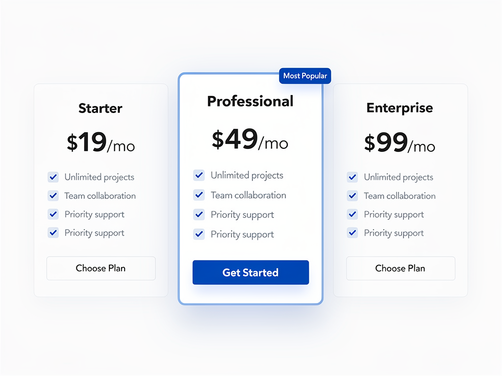 Three-column pricing table design with clean cards showing Starter, Professional, and Enterprise tiers, middle Professional card elevated and highlighted with blue border and 'Most Popular' badge, each card displaying price, feature list with checkmarks, and distinct CTA button