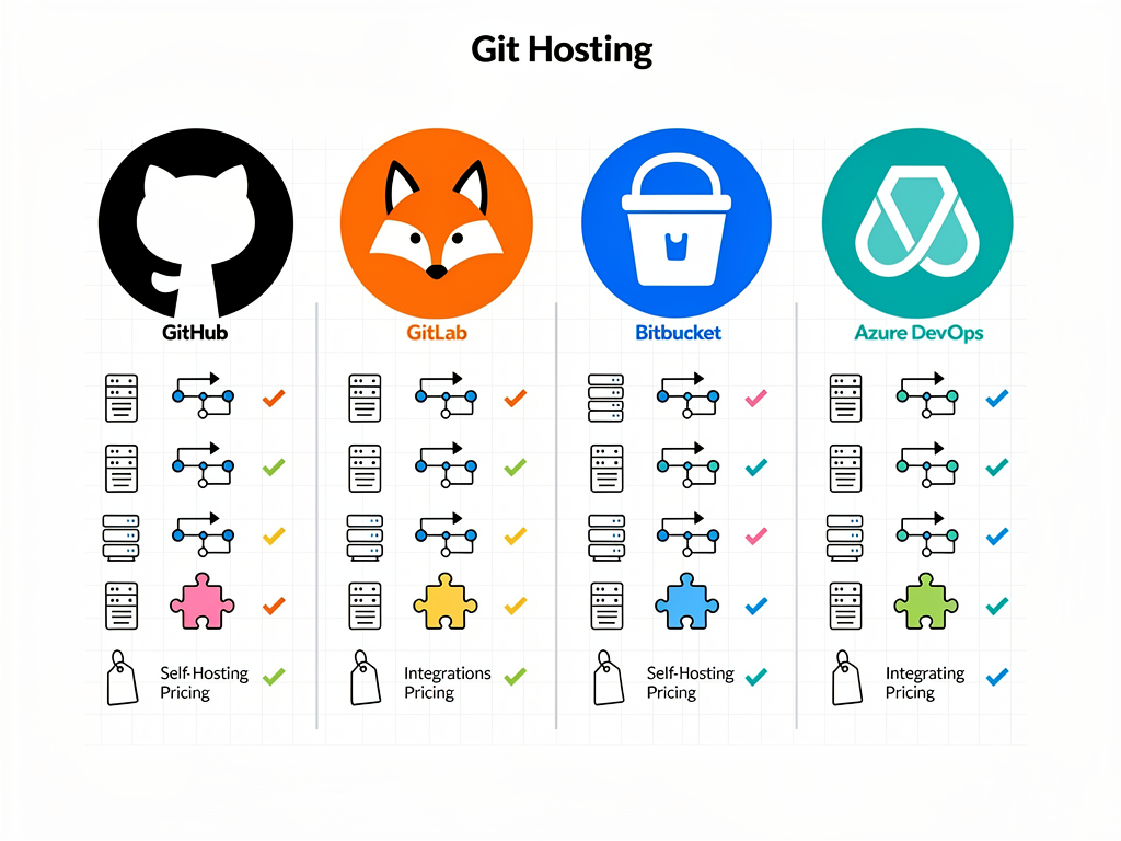A comparison table infographic showing GitHub, GitLab, Bitbucket, and Azure DevOps side by side with icons representing key features like CI/CD, self-hosting options, integrations, and pricing models, using brand colors for each platform and checkmarks to indicate feature availability