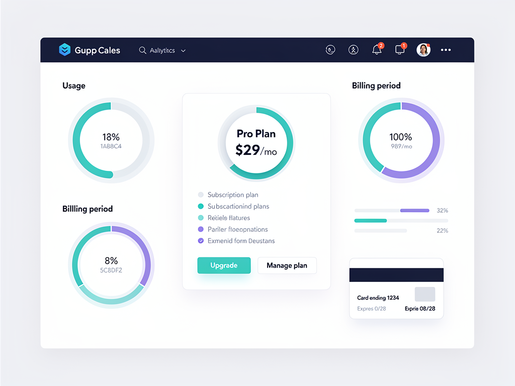 User interface mockup of a SaaS billing dashboard showing current plan details, usage statistics, payment method on file, and action buttons for upgrading plan and managing billing settings