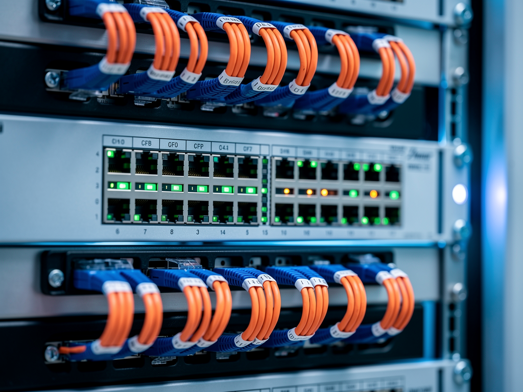 Close-up view of managed network switch with illuminated port LEDs showing active connections, fiber optic and copper cables neatly organized, professional rack-mounted installation in a climate-controlled server room