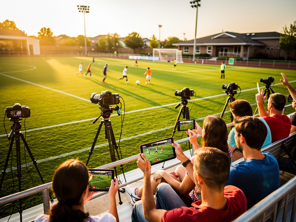 A youth sports facility with AVoIP-enabled cameras capturing a soccer match, while parents and fans watch both in person and via live stream on their mobile devices. The scene illustrates how accessible broadcasting technology has become for community sports.