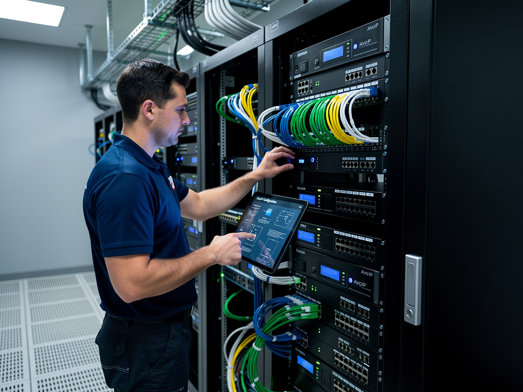 An installation technician configuring AVoIP encoders in a server rack within an enterprise equipment room. Cable management and labeling demonstrate professional installation standards. Indicator lights glow on multiple devices while the technician references documentation on a tablet.