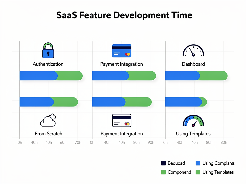 Infographic showing the typical time investment for building SaaS features from scratch versus using a starter template, with authentication taking 40-60 hours, payment integration 30-50 hours, and dashboard components 60-80 hours, displayed in a clean data visualization style with blue and green accent colors
