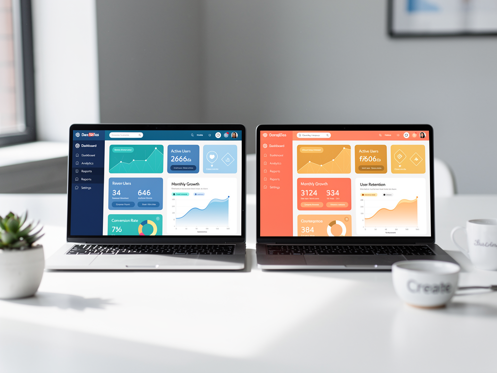 Side-by-side comparison of the same SaaS platform with different white-label branding applied, showing how color schemes, logos, and typography change while maintaining consistent functionality and layout