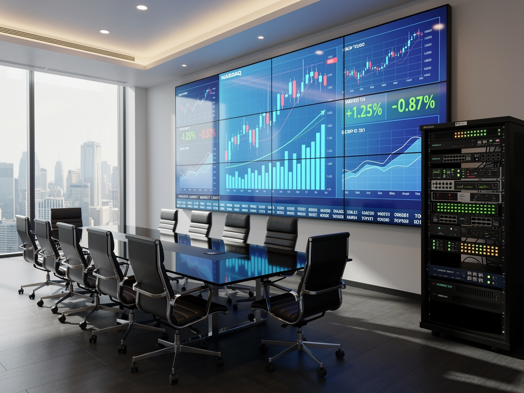 A high-end corporate boardroom featuring a large video wall displaying real-time financial data, with SDVoE endpoints visible in an equipment rack, natural daylight streaming through windows creating a professional atmosphere