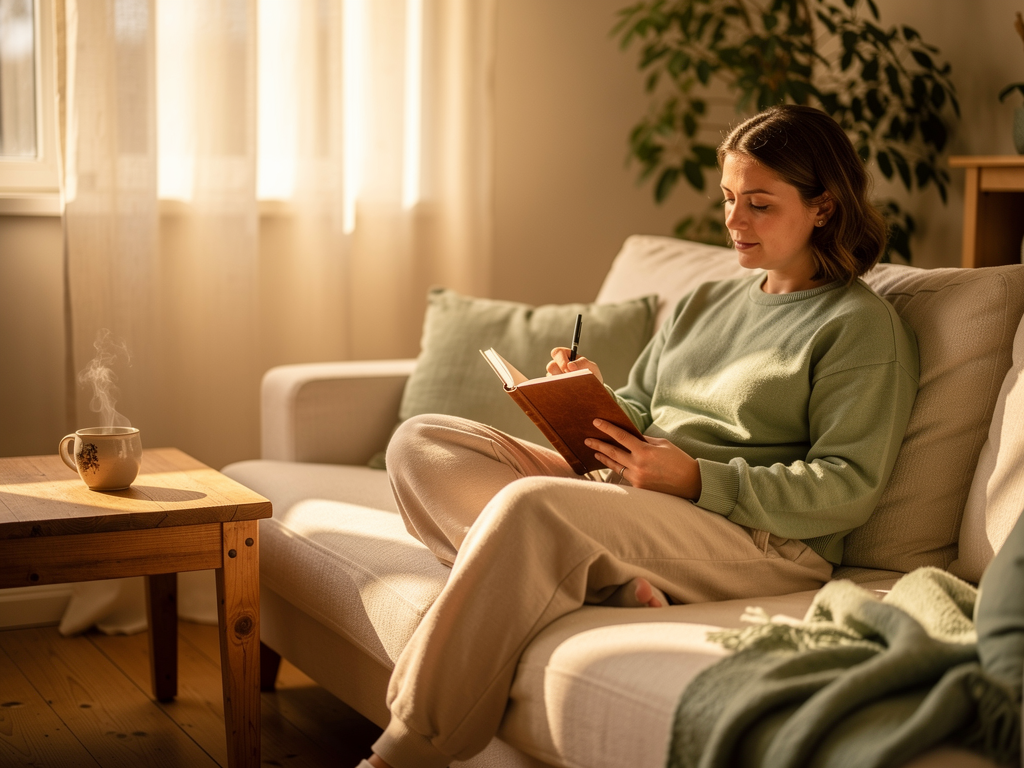 A person resting on a comfortable sofa with a journal and cup of tea nearby, afternoon light filtering through curtains, creating a restful scene that suggests mindful rest and self-compassion during recovery