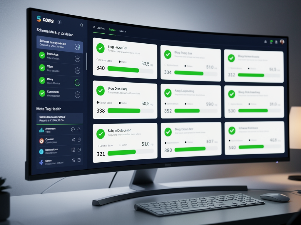 Technical SEO dashboard displaying schema markup validation results, meta tag optimization scores, and content freshness indicators across multiple blog posts, with green checkmarks showing properly optimized elements