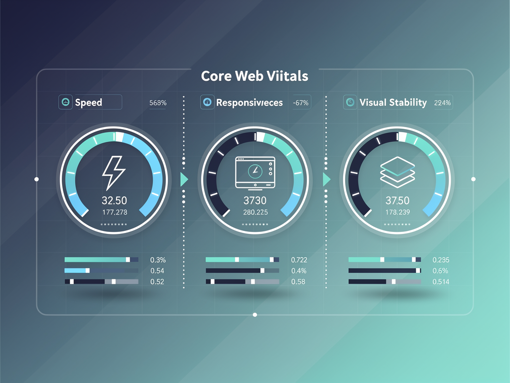 Performance optimization infographic showing Core Web Vitals metrics including Largest Contentful Paint, First Input Delay, and Cumulative Layout Shift, with target values and optimization strategies for each metric displayed in a dashboard-style layout