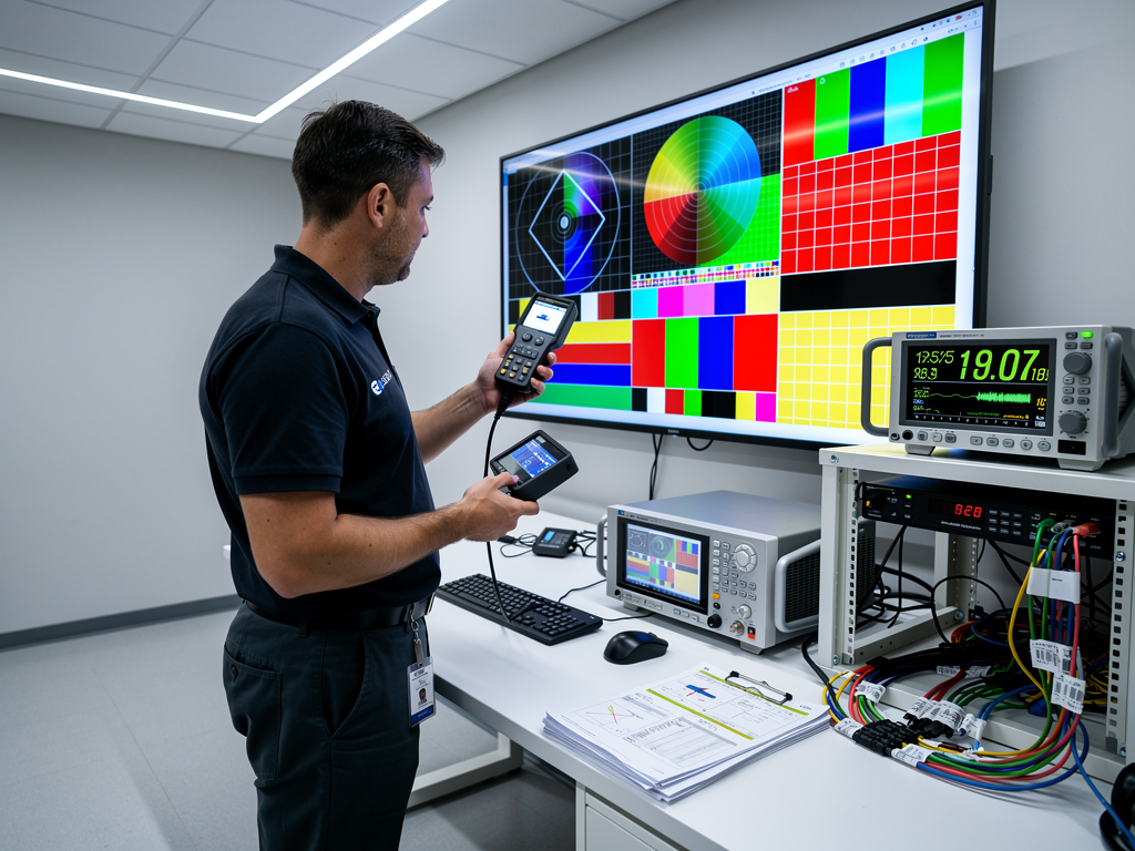 AV technician using video test pattern generator and measurement equipment to validate signal quality on large display, professional testing environment with calibration tools and documentation visible, focused technical work in progress