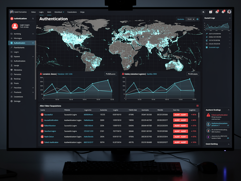 Security monitoring dashboard showing authentication event logs, failed login attempt patterns, and geographic distribution of authentication requests, displayed on a dark-themed security operations center interface with red alert indicators for suspicious activity