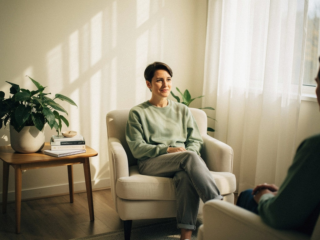 A person sitting comfortably in a bright, naturally lit therapy room with soft furnishings and indoor plants, suggesting a safe and welcoming space for conversation and reflection during a counselling session