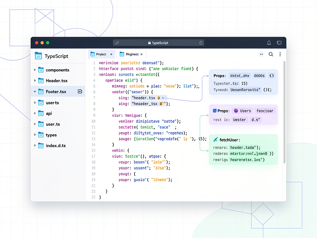 Screenshot of a TypeScript-configured Next.js project structure showing properly organized folders for components, API routes, and type definitions, with VS Code editor displaying type hints and autocomplete suggestions