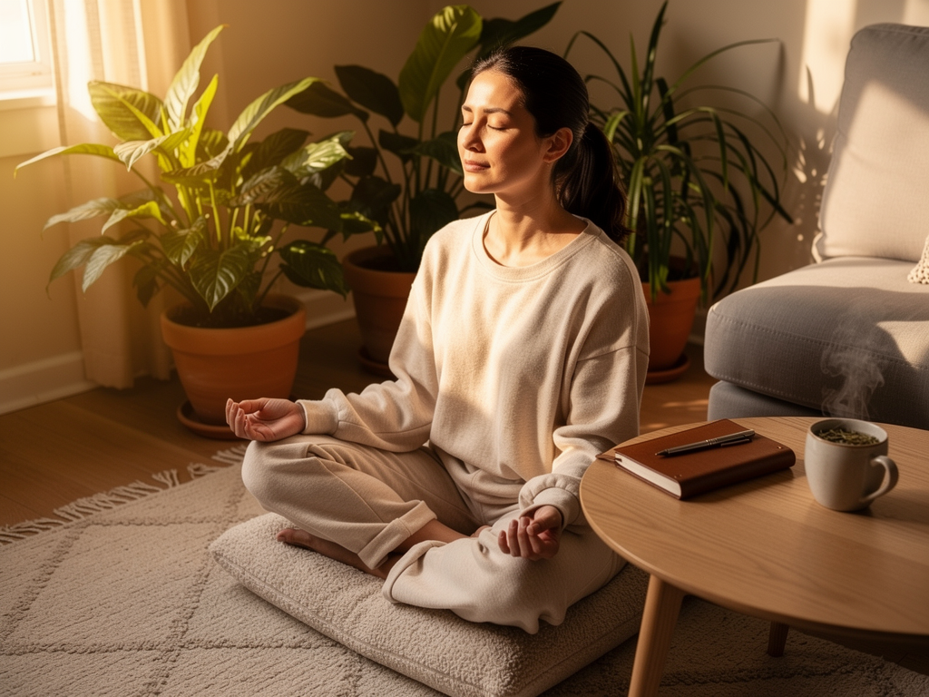 A woman in her 30s practising mindfulness meditation in a cosy living room corner, sitting cross-legged on a cushion with eyes closed, soft morning light, houseplants nearby, a journal and cup of herbal tea on a low table, representing self-care practices that support trauma recovery